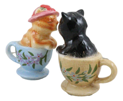 Ebros Ceramic Tabby And Tuxedo Black Kitty Cats In Teacups Kissing Salt And Pepper Shakers Set Valentines Tea Cup Cat Kittens Figurines Party Kitchen Tabletop Collectible Decorative Accents