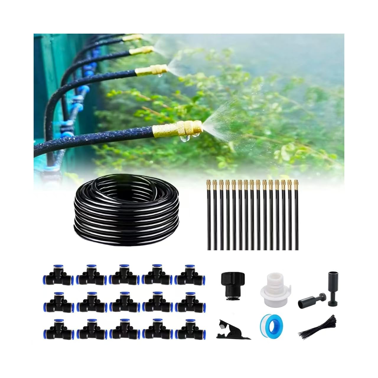 New drip Irrigation kit, Automatic Garden Watering System, Quick Connector and 360-degree Bending Dropper atomizing Copper Nozzle, Garden Plant Lawn Courtyard Watering System. (65FT)