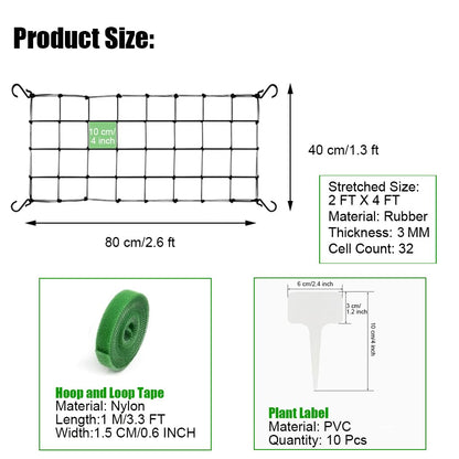 2 Pcs Scrog Net 2x4 FT Trellis Net for Grow Tent Elastic Trellis Netting with Hooks, Loop Tape, Garden Label for Indoor Plant Growing Tents Garden Plant Climbing Plants Support