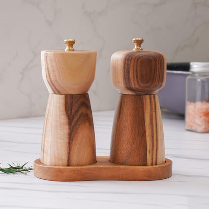 DeroTeno Salt and Pepper Grinder Set with Tray, Adjustable Ceramic Grinder Salt Mill, Stainless Steel Grinder Pepper Mill, Acacia Wood, 5 inch /14cm Height, Bottom Dia 2.36inch/6cm (Tray is Included)