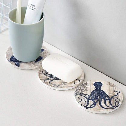 Absorbent Coasters Natural Ceramic Thirsty Stone Navy Blue Octopus Seahorse Crab Turtle Ocean Theme Coaster Set for Drinks Cork Backing (sea Animals)…