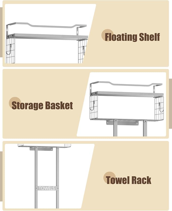 Aetyord Towel Racks for Bathroom - Wall Mounted Metal Rack with Wood Plank, Bathroom Storage Organizer, Towel Holder Stores 6 Large Rolled Towels Easily, All Grey
