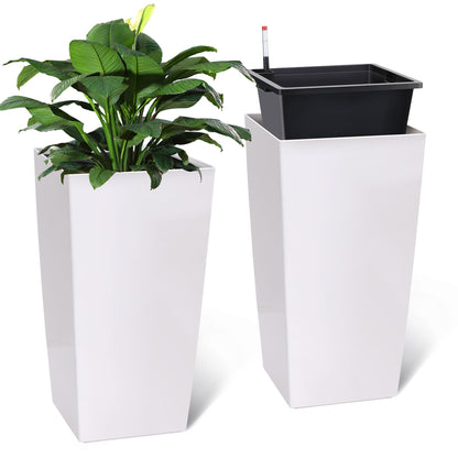 30 Inch Tall Self Watering Planters Set of 2, Outdoor Plant Pots with Automatic Watering System, Water Level Monitor, Drainage, Wheels & Inner Bucket, for Front Porch & Indoor Plants White