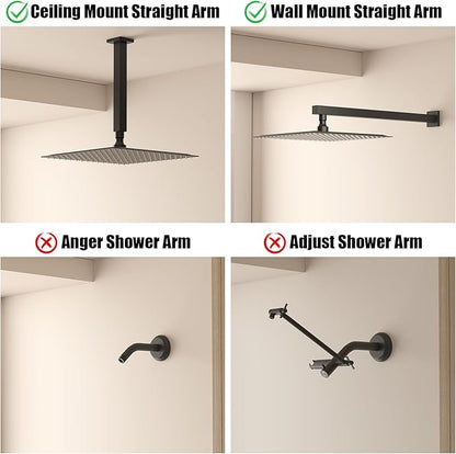 BESy 12 Inch Rain Shower Head, 12" Square Rainfall & High Pressure Stainless Steel Bath Showerhead, 1/16" Ultra Thin, Waterfall Full Body Coverage with Silicone Nozzle, Matte Black Finish