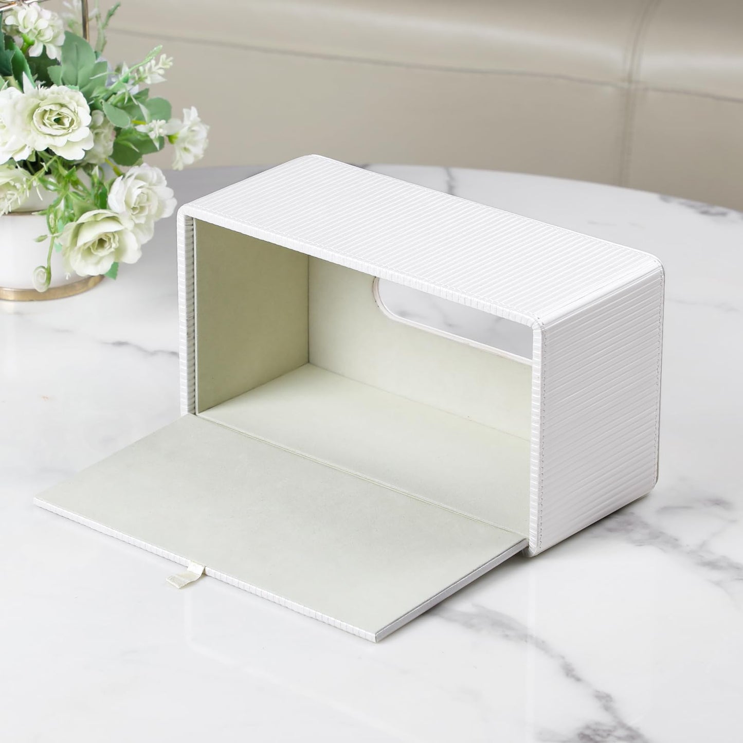 Cretkhp PU Leather Tissue Box Cover Rectangle with Magnetic Closure, Modern Tissue Box Holder for Bathroom NightStands Livingroom, Decorative Tissue Holder for 120(3-Ply)/160(2-Ply) Tissue Box (White)