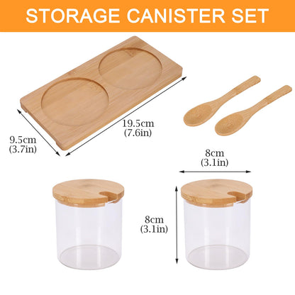 Mowhut 2 PCS Condiment Containers, Spice Rack with Bamboo Spoon Lid and Base, Sugar Bowl, Salt and Pepper Shakers Set for Salt Sugar Tea Herbal Coffee Beans, Clear