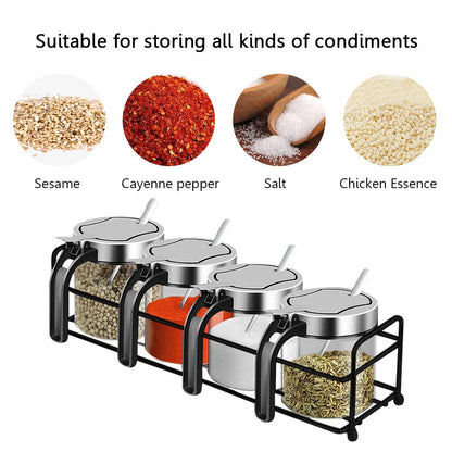 YMYL 4 Pcs Glass Condiment Jars Spice Containers with Stainless Steel Lids, Serving Spoon and Base Rack, 10oz Clear Seasoning Jars Coffee Sugar Pepper Salt Bowls for Kitchen Organization (4 Jars Set)