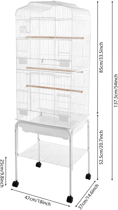 54in Metal Bird Cage Large Parakeet Cages for Parrot, Cockatiel, Lovebird, Pigeon Pagoda Bird House with Rolling Stand,Feeding Bowls & Waterer (White-54in)