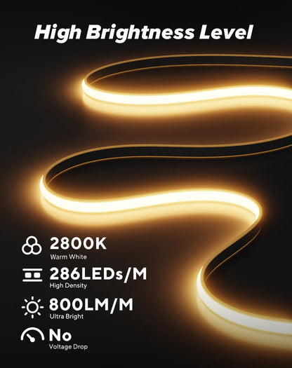 Shine Decor COB LED Rope Light, IP65 Waterproof, 82ft, 2800K Warm White, Model COBNeon-WW-25M
