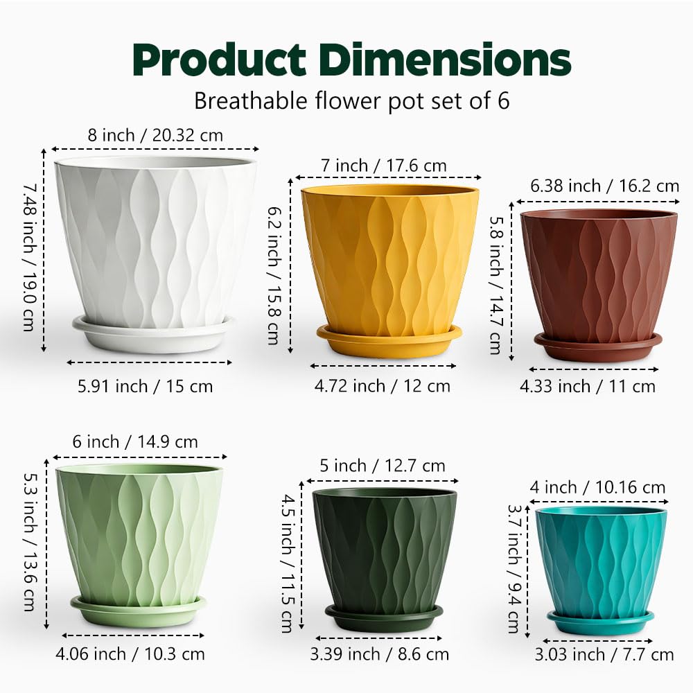 KEETUMOOD Plant Pots, Self Watering Planters with Drainage Holes and Trays, Flower Pots for Indoor Outdoor - 6 Pack(4/5/6/6.5/7/8 Inch) (Colorful)