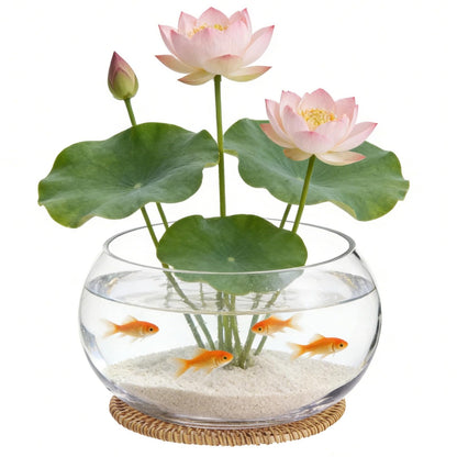 Lotus Bowl Planter with Rattan Mat - 10 in Round Glass Vase Bowl Hydroponic Lotus Planter Pot Propagation Vases Fish Bowl for Water Greens, Transparent Decorative Lotus Pot, Fish Tank