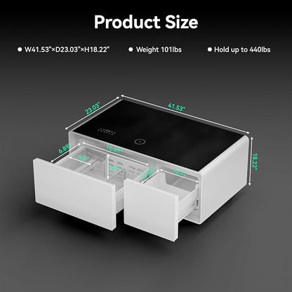 Smart Coffee Table with Fridge and Bluetooth, Smart Living Room Table with Frozen Drawers, Dual Speakers, 15W Wireless Charger, Touch Control, USB Ports, Atmosphere Light, LT90 Ultra-White