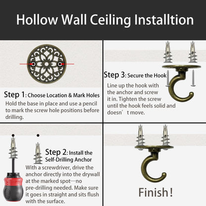 Evsteluo Heavy Duty Ceiling & Wall Hook for Hanging Plants – Holds Up to 50 lbs – – Includes All Mounting Hardware for Drywall, Wood, Cement (2, Antique Brass)