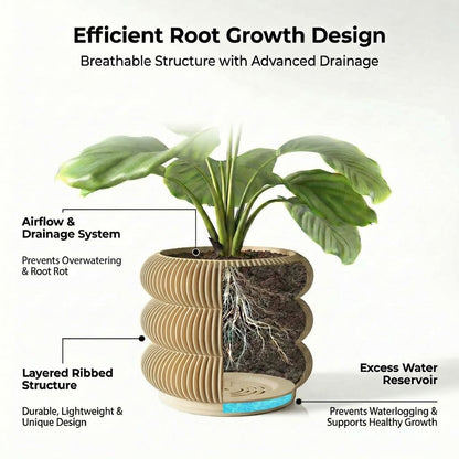 Fabix3D Modern 3D Printed Planter Pot, Minimalist Ripple Design, Lightweight PLA Material, Round Shape with Drainage and Saucer, for Succulents and Indoor Plants (Wood, 4.7")