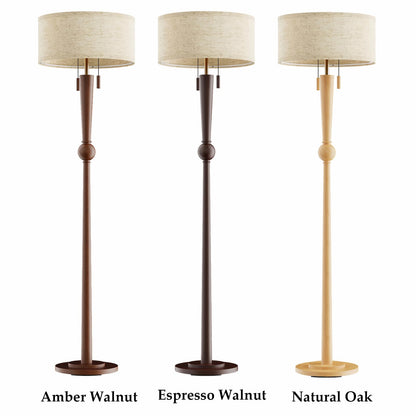 MOFFE 62.8" Solid Wood Floor Lamp,Tall Standing Floor Lamp with 2-Light Pull Chain, 17" Linen Drum Shade, Sculptural Wood Base & Stem,Transitional Floor Lamp for Living Room Bedroom, Includes 2 Bulbs