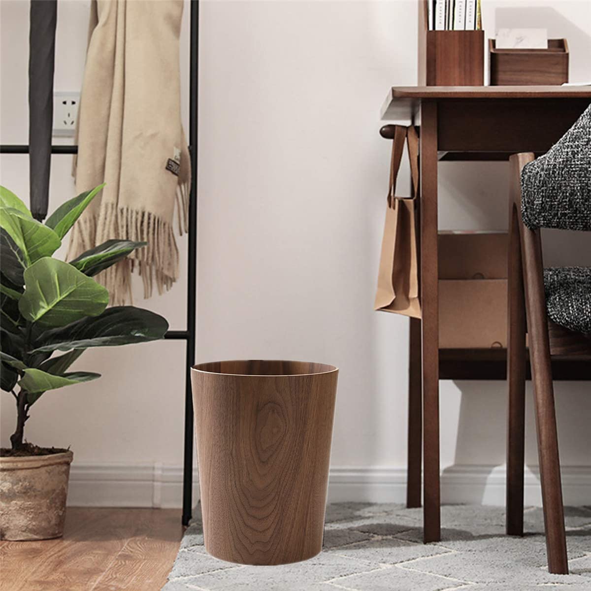 BISOZER Round Stackable Wastebasket, Natural Wood Garbage Recycling Bin for Bathrooms, Kitchens, Home Offices (Dark Wood)