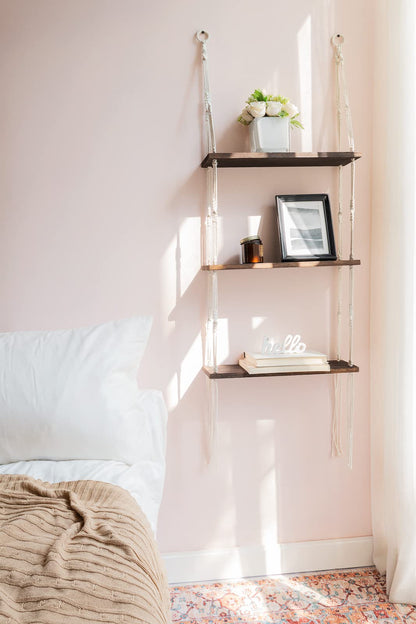 Mkono Macrame Wall Hanging Shelf Wood Floating Shelves with Cute Woven Rope Boho Room Decor Display Photos Plant Hanging Storage Shelves for Bathroom, Bedroom, Living Room, Nursery