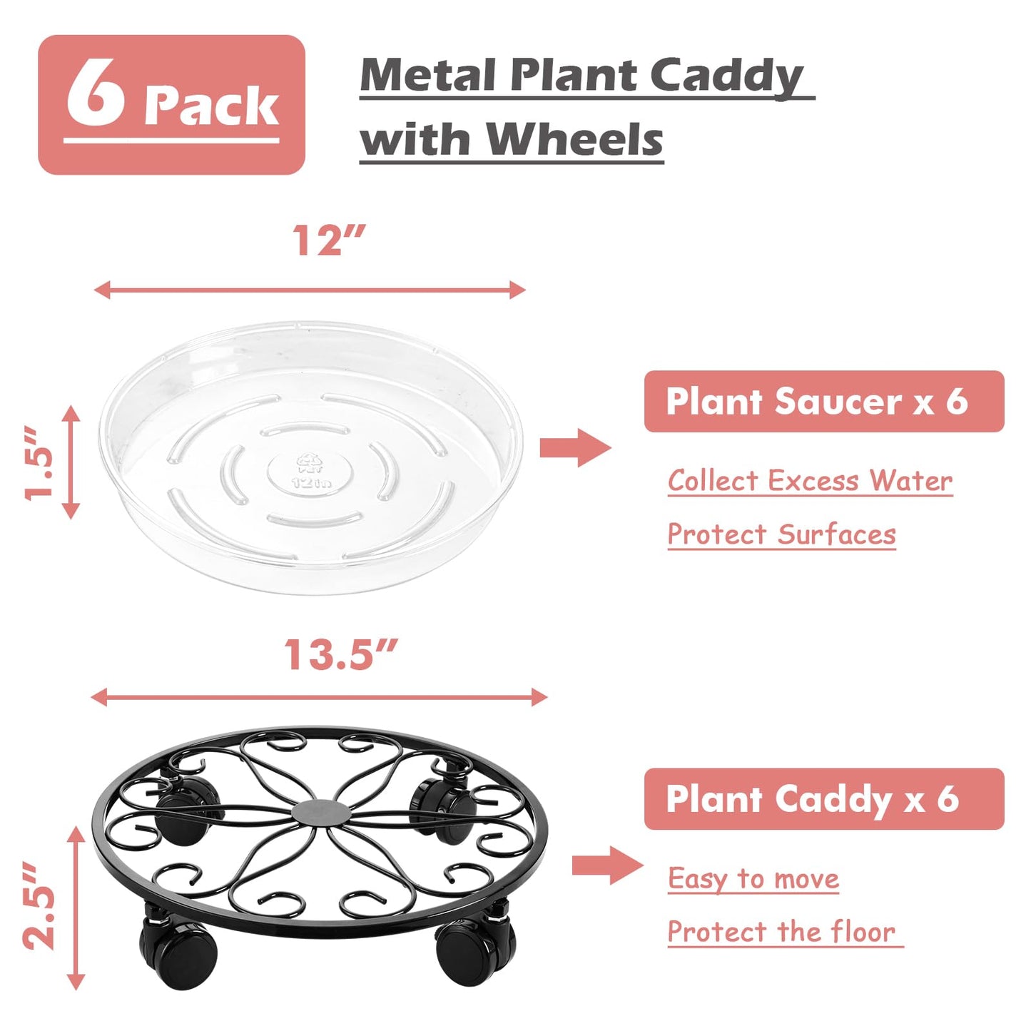lucpur 6 Pack Metal Plant Stand with Wheels 13.5 Inch Plant Caddy with Wheels Heavy Duty Wrought Iron Rolling Plant Stand Plant Dolly Plant Rollers Plant Cart Plant Mover with 6 Pack Plant Saucers