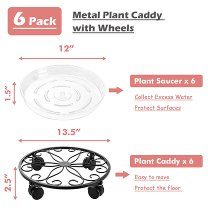lucpur 6 Pack Metal Plant Stand with Wheels 13.5 Inch Plant Caddy with Wheels Heavy Duty Wrought Iron Rolling Plant Stand Plant Dolly Plant Rollers Plant Cart Plant Mover with 6 Pack Plant Saucers