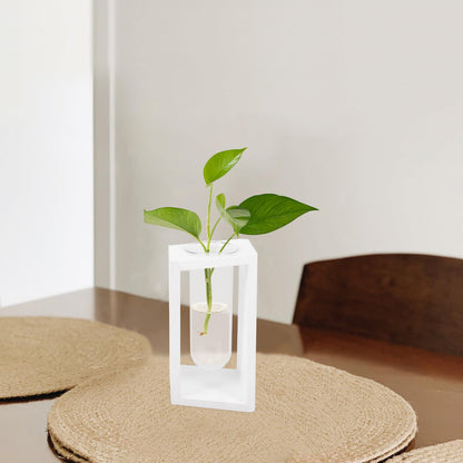 Toyvian Nordic Style Test Tube Glass Vase with Wooden Rack, Small Hydroponic Plant Terrarium for Home and Office Décor, White Frame Flower Vase for Propagation and Tabletop Arrangement