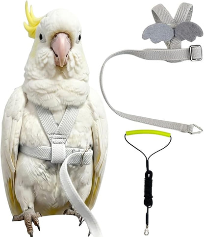 Adjustable Bird Harness with Elastic Leash, Pet Parrot Harness and Leash, Adjustable Training Design Anti-Bite, Bird Nylon Rope with Cute Wing for Conure (Grey,Sulphur-Crested Cockatoo)