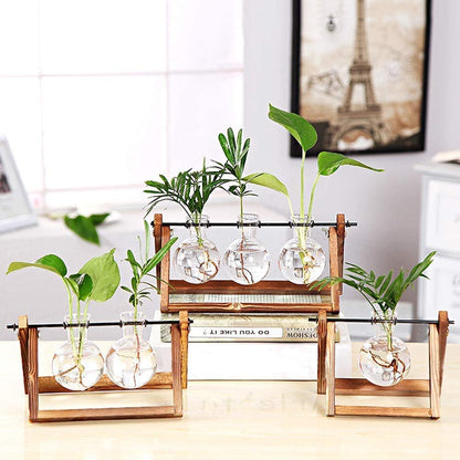 Water Planting Glass Vase Desktop Glass Planter Bulb Vase Hanging with Retro Solid Wooden Stand for Hydroponics Plants Home Office Decor (Three)