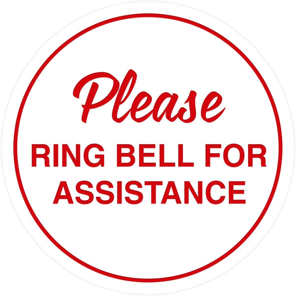 Signs ByLITA Circle Please Ring Bell For Assistance Wall or Door Sign | Easy Installation | Front Desk Reception Sign (White/Red) - Medium (5 Pack)