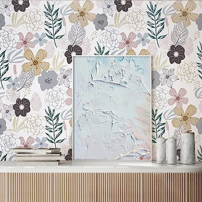 Mecpar Floral Peel and Stick Wallpaper 17.71'' x 118'' Pink Perennial Blooms Contact Paper - Vinyl Self Adhesive Removable Waterproof for Bathroom Cabinet Decorative