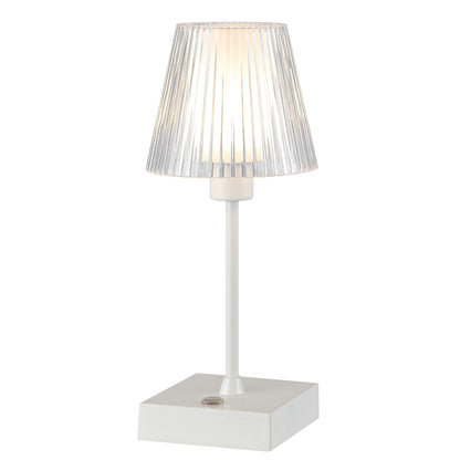 JONATHAN Y 12.5" White Cordless Portable Rechargeable LED Lamp, with Clear Ribbed Acrylic Shade, Touch Dimmable Modern Industrial Mini Accent Lamp for Bar Vanity (JYL7225B)