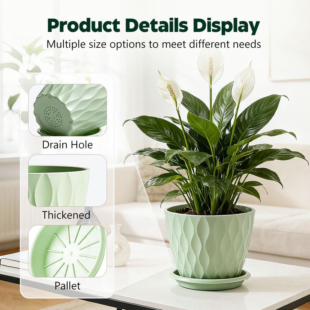 KEETUMOOD Plant Pots, Self Watering Planters with Drainage Holes and Trays, Flower Pots for Indoor Outdoor - 6 Pack(4/5/6/6.5/7/8 Inch) (Light Green)