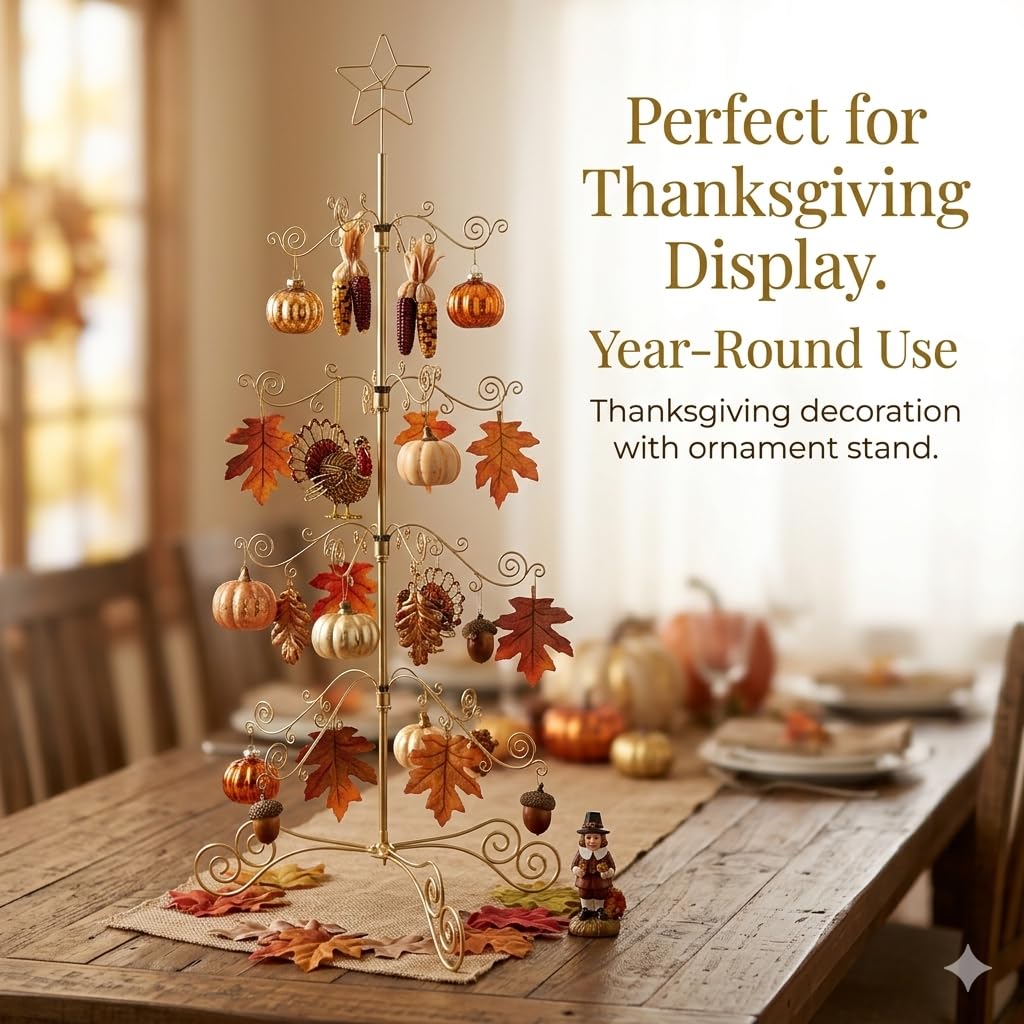 HOHIYA 3 Ft Wrought Iron Ornament Display Stand with 56 Hooks Metal Christmas Tree Alternative for Ornaments Halloween and Year-Round Decor Tabletop Rack Brass Gold