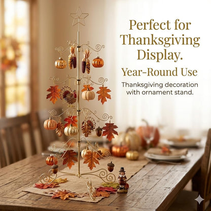 HOHIYA 3 Ft Wrought Iron Ornament Display Stand with 56 Hooks Metal Christmas Tree Alternative for Ornaments Halloween and Year-Round Decor Tabletop Rack Brass Gold