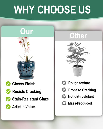 Vensovo 4 Inch Ceramic Orchid Pots with Drainage Holes and Saucers, 2 Pcs Small Planters for Orchids Succulents Repotting, Indoor Outdoor Ceramic Flower Pots for Healthy Root Growth (Blue Brown Mixed)
