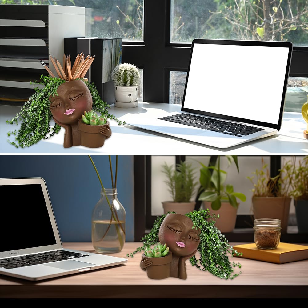 IUYYPU Face Planter for Succulents, Resin Lady Head Pot with 2 Planting Pockets and Drainage Holes, Approx. 6.3 x 4.3 x 6.7 in, Openings 3.2 in & 2.4 in, Brown