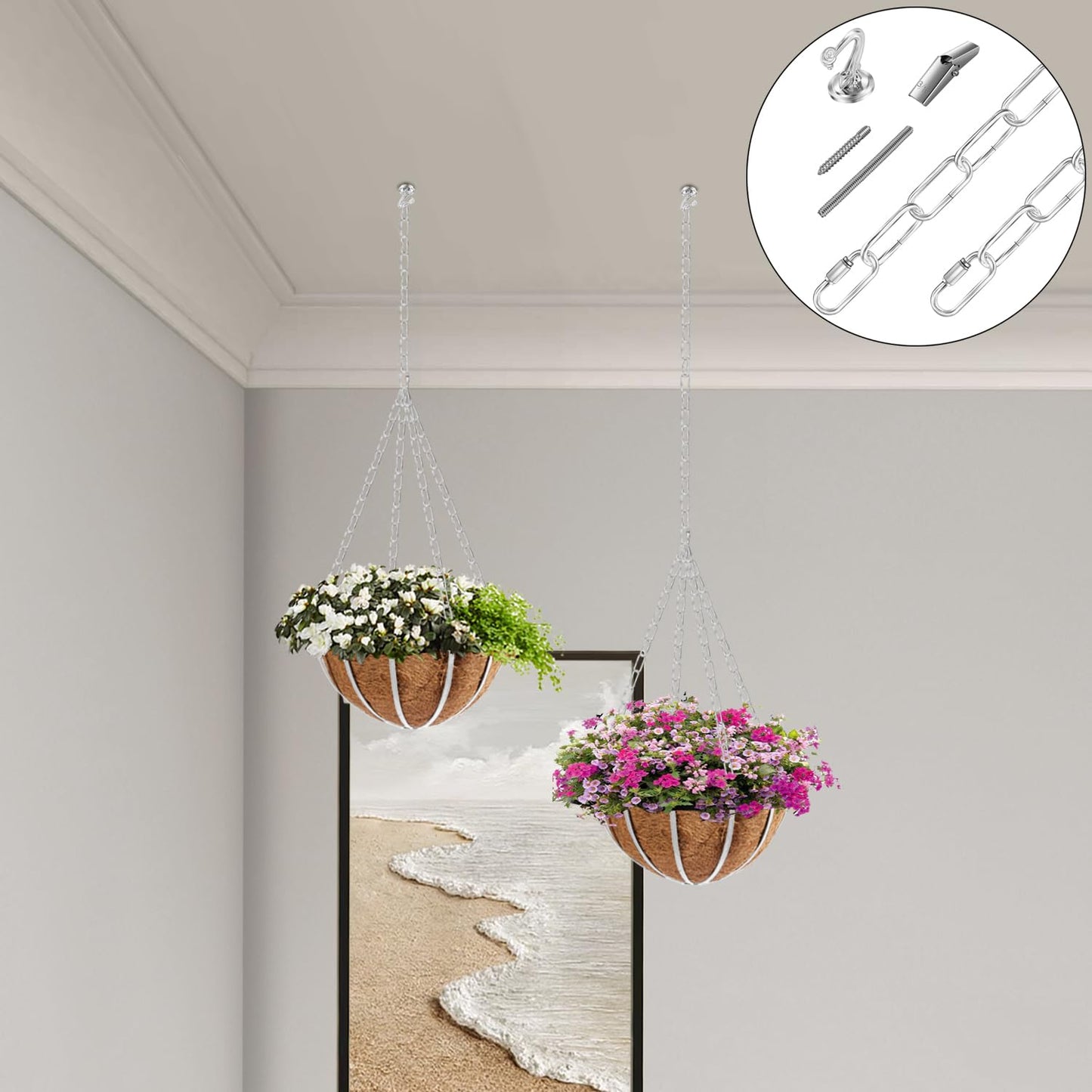 Omytie 12 Ft Heavy Duty Hanging Chain Kit with Connection Locks & Swag Ceiling Hooks for Lighting Fixture, Chandelier, Pendant, Lantern, Swag Lamp, Plant/Flower/Fruit Basket, Bird Feeder (Chrome)