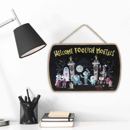 Disney Haunted Mansion Welcome Foolish Mortals Hanging Wood Wall Decor - Fun Halloween Sign for Home Decorating