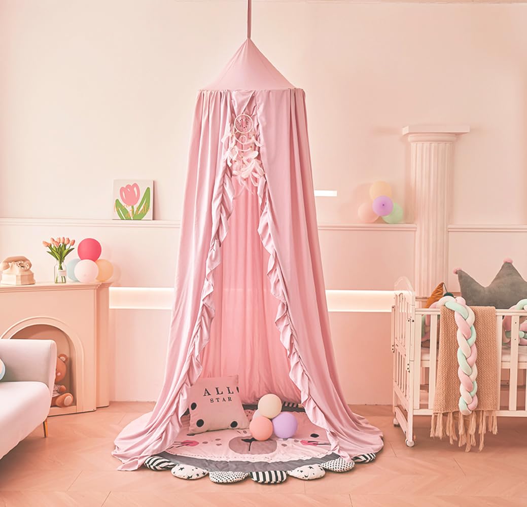 Mengersi Bed Canopy for Girls,Ruffled Canopy Bed Curtains Canopy for Girls Room,Hanging Canopy Princess Play Tent for Reading Nook Play Room Decor (Beige Pink)
