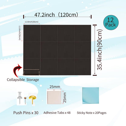 12 Pack Bulletin Boards 48" x 36" Alternative Cork Board for Office,Built-in Storage Device，Large Cork Boards for Walls ， Felt Wall Tiles, Contains Removable Security Stickers and PushPins (F-Black)