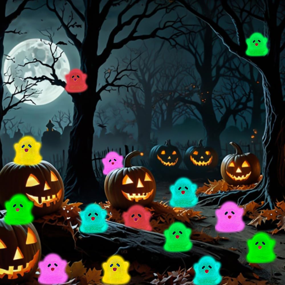 Vellibring 145pcs Halloween Luminous Mini Resin Ghost Figurines Glow in The Dark Cute Miniature Ghost Statue Micro Landscape Accessories for Halloween Party Favors Dollhouse Decorations
