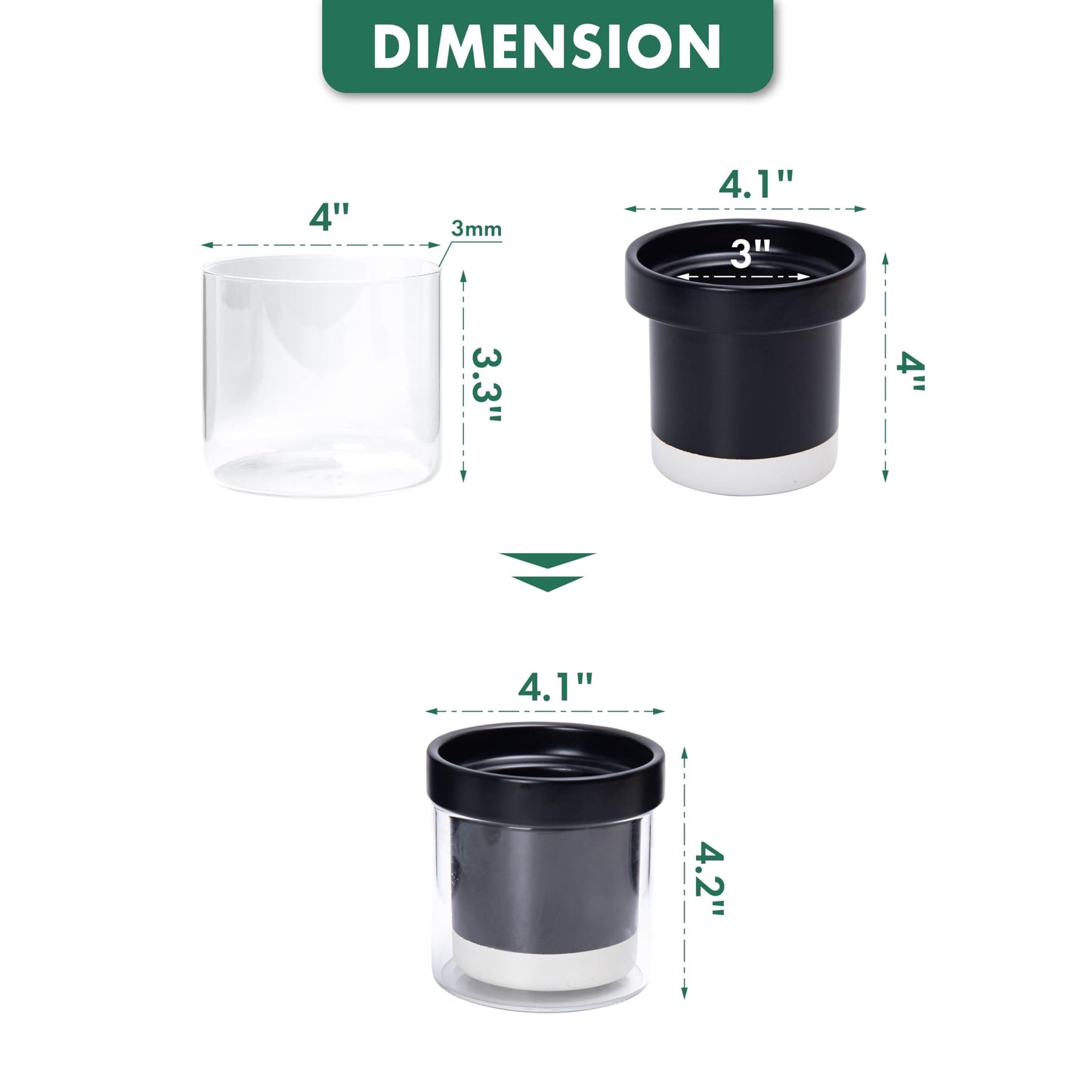 Phoenix Vine 4 Inch Self Watering Planter Pot, Black Terracotta Clay Pot with Glass Reservoir for Indoor Plants, Herbs, Flowers, Set of 3, 52-C-E-3