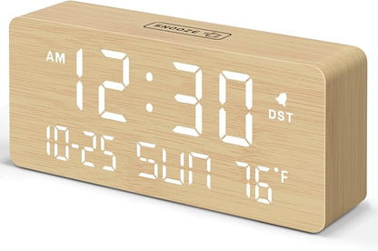 DreamSky Wooden Digital Alarm Clocks for Bedrooms with Date & Day of Week | Living Room Desk Clock, Temperature, USB Port, Dimmer Wheel, Adjustable Volume, Auto DST, Office Wood Decor (Plug-in)