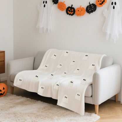 JarThenaAMCS Halloween White Ghost Throw Blanket Chenille Soft Blankets for Home Bedroom Living Room Sofa Couch Outdoor Travel, 50 x 60 Inch