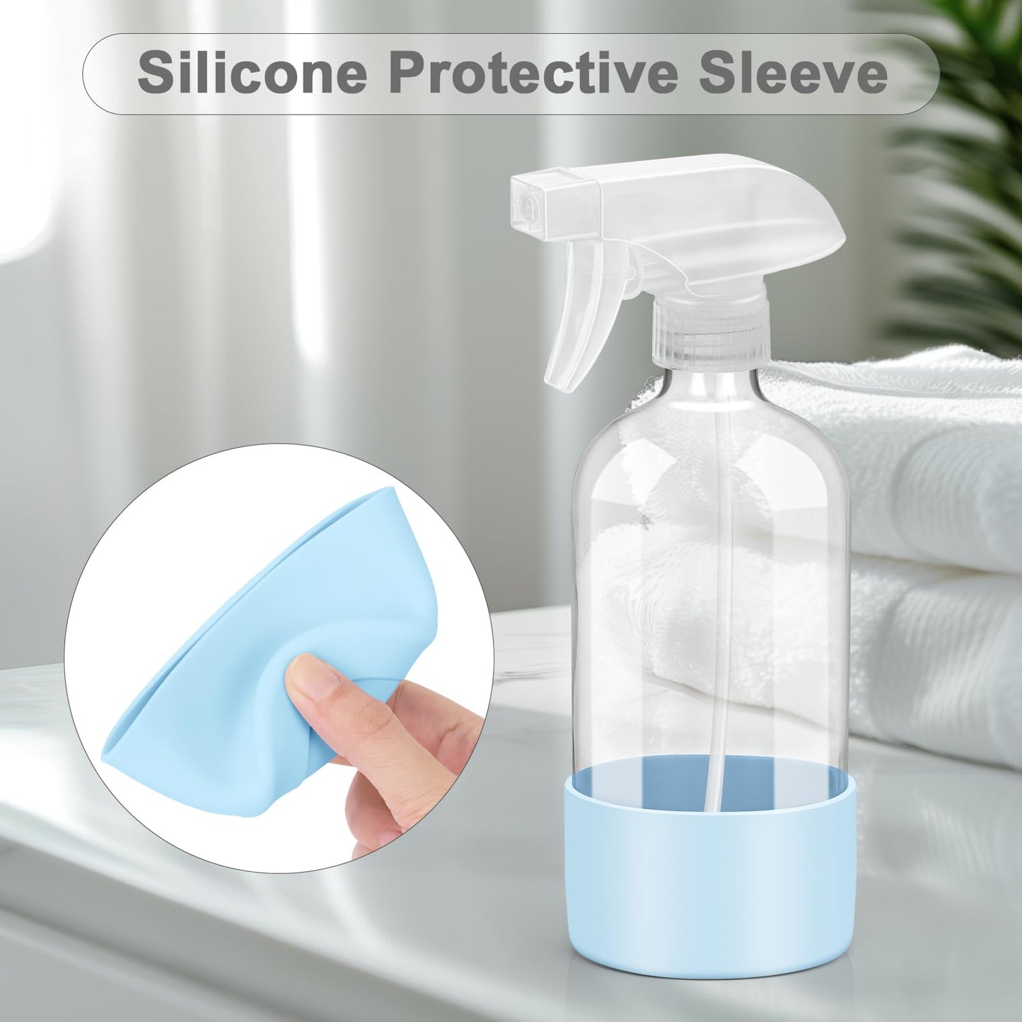 Worldgsb 2 Pack Glass Spray Bottles with Silicone Sleeve, 16 oz Empty Refillable Containers with Adjustable Spray Nozzles, Spray Bottles for Hair, Cleaning Solutions and Plants Blue