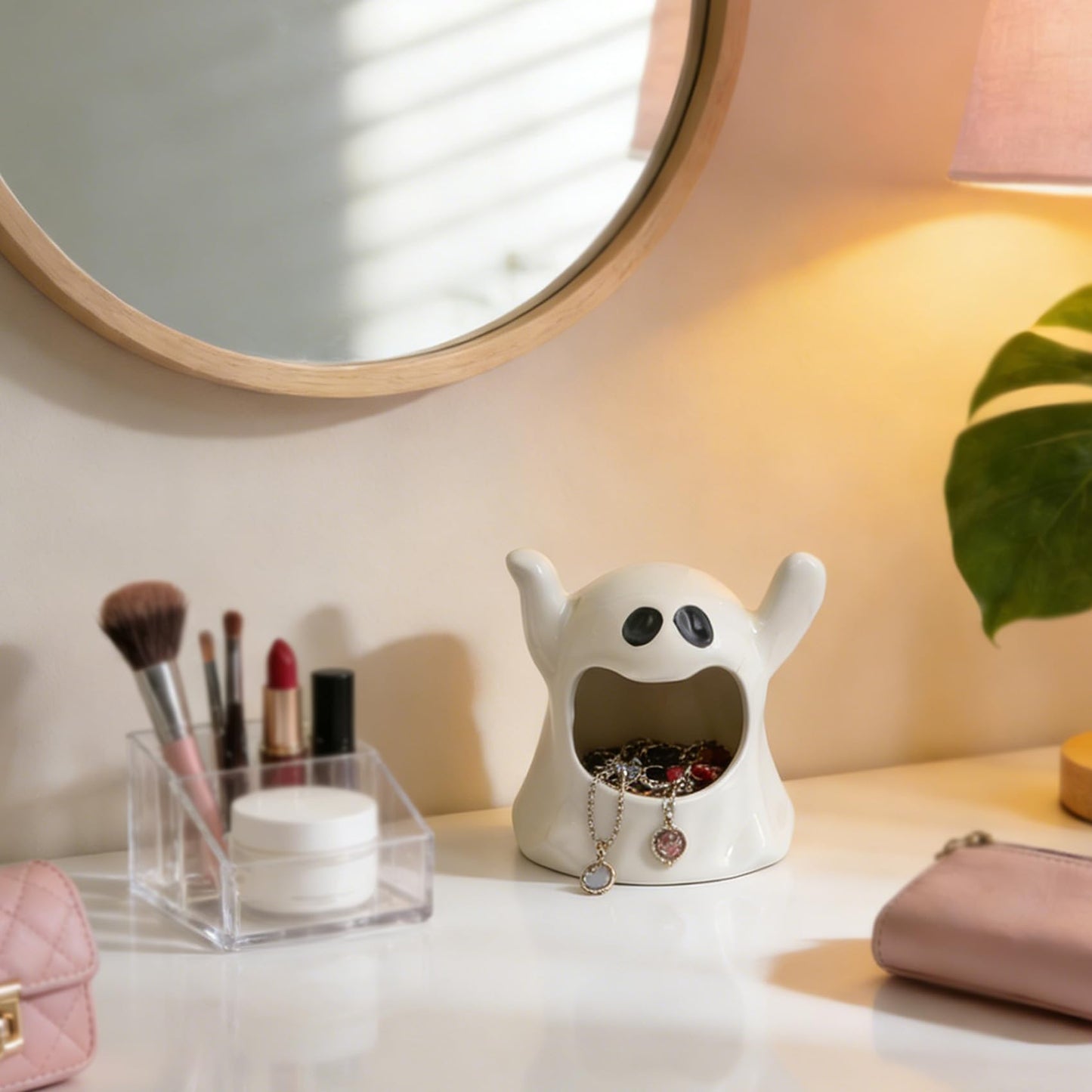 KISWIAR Ghost Shaped Ceramic Holder, Ghost Ceramic Candy Bowl, Halloween Candle Holder Cup, Multipurpose Tabletop Organizer for Party Home Office