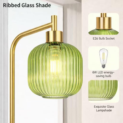Ruiever Glass Floor Lamp for Living Room, Dimmer Standing Lamp with Green Ribbed Lampshade,66” Tall Lamp & Gold Floor Lamp for Bedroom Study Room,Brushed Gold (Drum Green Glass Shade)