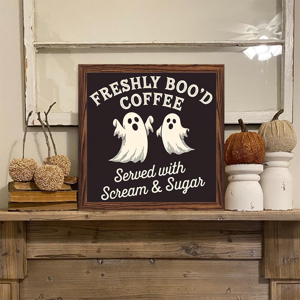 Spooky Halloween Theme Freshly Boo'd Coffee Wooden Sign, With Frame Coffee Bar Art Plaque Sign for Home Kitchen, Cafe, Bar, Garage Halloween Decor 7.87x7.87 Inch
