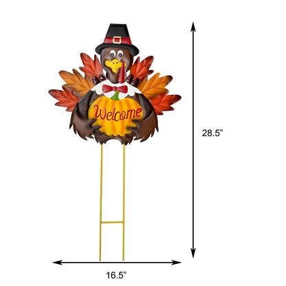 Autumn Metal Garden Stakes, Fall Harvest Thanksgiving Metal Pumpkin Welcome Sign with Turkey Stakes Yard Decorations 28.5''H, Garden Patio Lawn Yard Decor Fall Harvest Thanksgiving Outdoor Decorations