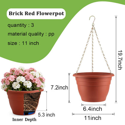 RooTrimmer Hanging Planters 11 Inch, 3 Pcs Flower Pots with Drainage Hole, Self Watering Hanging Basket for Indoor Outdoor Plants, Decor, Pottery Red