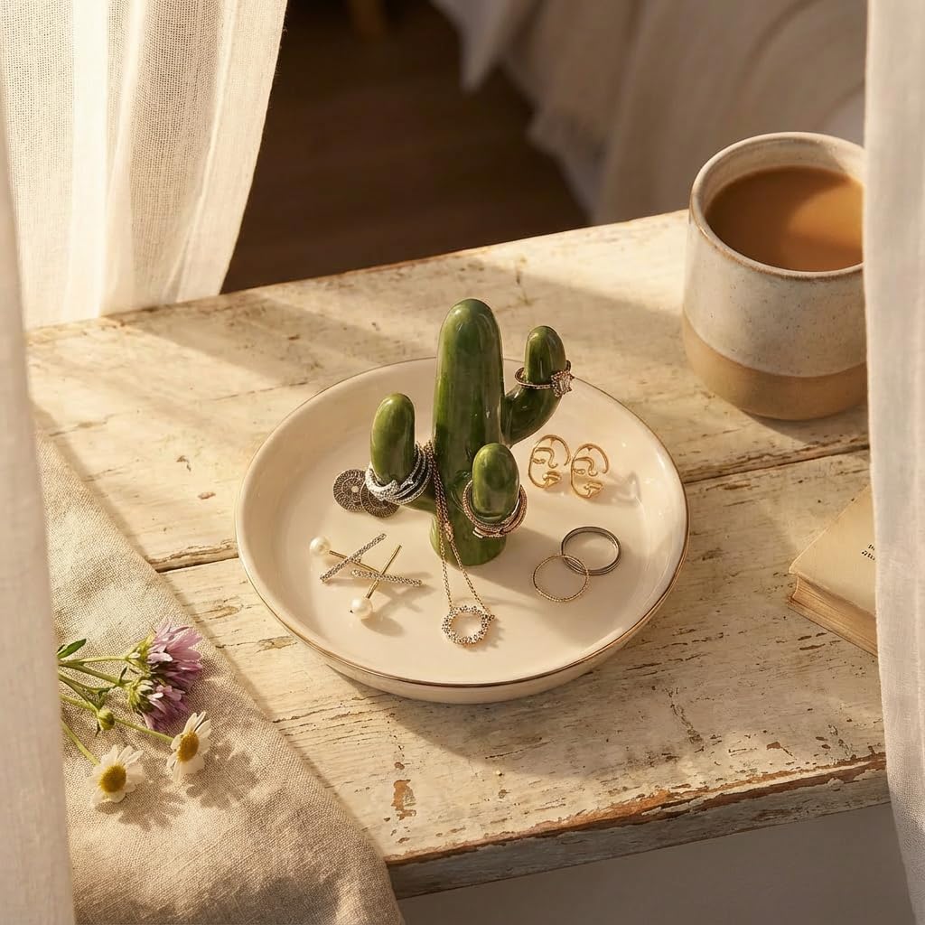 mono living Cactus Jewelry Holder and Ring Dish - Ceramic Succulent Decor for Kitchen Sink or Vanity - Cute Engagement, Birthday, or Mother’s Day Gifts for Women, Gold-Rimmed Trinket Tray
