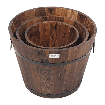 VINGLI 3 PCS Large Wooden Planter Barrel Set, 11.5"(Dia)- 18"(Dia) Real Wood Indoor/Outdoor Flower Pot w/Drainage Holes, Different Sizes, Large Garden Container Box